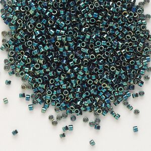 Seed bead, Delica®, glass, pkg/50g, #11 round, opaque metallic gold iris green blue (DB-1006).