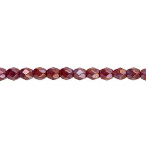 Bead, Czech fire-polished glass, opaque red nebula, 4mm faceted round. Sold per 15-1/2" to 16" strand.