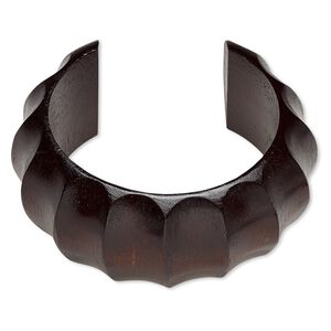 Bracelet, cuff, wood (dyed / waxed), dark brown, 35mm wide hand-carved rippled band, 7-1/2 inches. Sold individually.