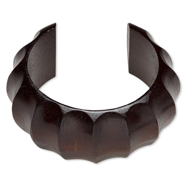 Bracelet, cuff, wood (dyed / waxed), dark brown, 35mm wide hand-carved rippled band, 7-1/2 inches. Sold individually. image number 0