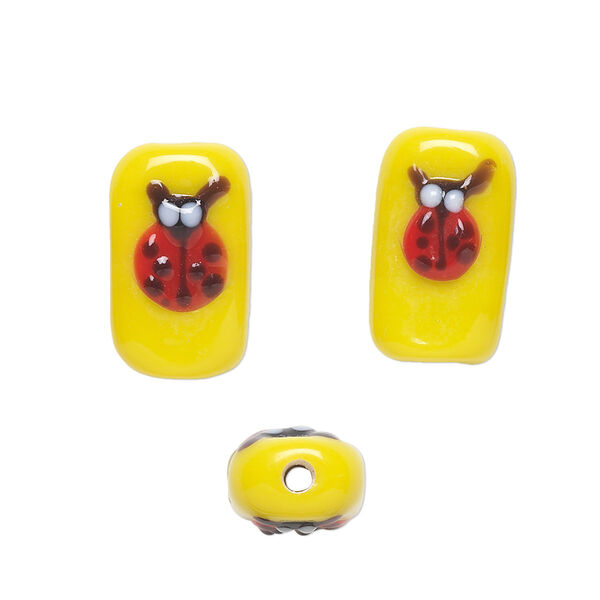 Bead, lampworked glass, yellow/red/brown, 16x10mm double-sided rectangle with ladybug. Sold per pkg of 4. image number 0