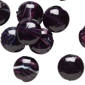 Bead and component mix, lampworked glass, marbled dark purple and opaque white, 27-29mm drilled and undrilled puffed flat round. Sold per pkg of 10.