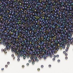 Seed bead, Miyuki, glass, pkg/35g, #15 rocaille, opaque matte metallic iris eggplant (RR-2073).