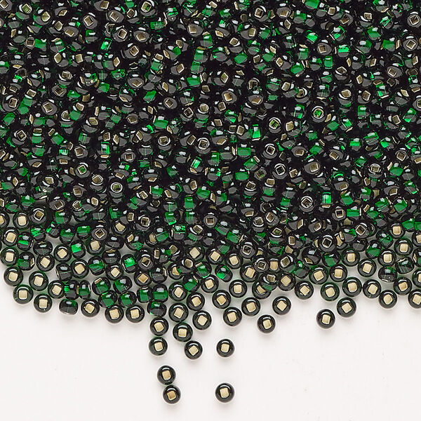 Glass 1pkg1, round seed bead opaque silver-lined luster dark green #11 100g image number 0