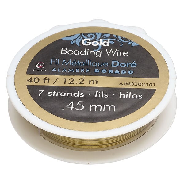 Beading wire 1pkg1, stainless steel, gold, 1x7 strand, 0.45mm diameter, 40-foot spool. image number 0