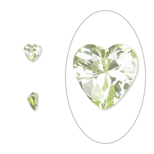 Gem, cubic zirconia, peridot green, 5mm faceted heart, Mohs hardness 8-1/2. Sold per pkg of 2. image number 0