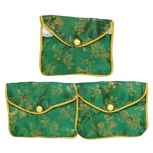 Pouch, rayon, green / yellow / white, 3-1/2x4-1/2-inch brocade. Sold per pkg of 3.