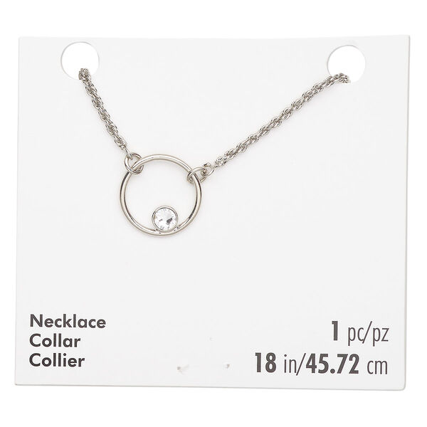 Necklace steel crystal 1pk 15mm round, silver finish crystal clear 18 inch plus extender chain lobster claw clasp image number 0