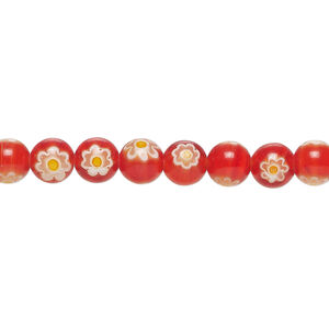 Bead, millefiori glass 1pkg1, translucent candy red / white / yellow, 6mm round, 15 inches.