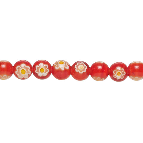 Bead, millefiori glass 1pkg1, translucent candy red / white / yellow, 6mm round, 15 inches. image number 0