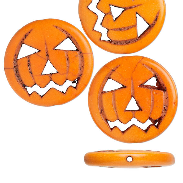 Bead, magnesite (dyed / imitation), black and orange, 25x24mm double-sided carved jack-o-lantern pumpkin. Sold per pkg of 4. image number 0