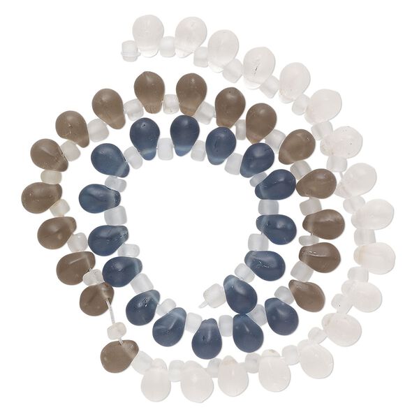 Bead, glass, translucent matte clear, dark blue and smoke, 8x6mm top-drilled teardrop with irregular rondelles. Sold per 14-inch strand. image number 0