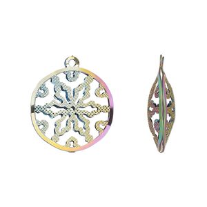 Drop, electro-coated stainless steel, rainbow, 18mm double-sided domed round with textured cut-out snowflake design. Sold per pkg of 6.