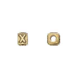 Bead, antique gold-plated pewter (tin-based alloy), 8x6mm rectangle with alphabet letter "X." Sold per pkg of 4.