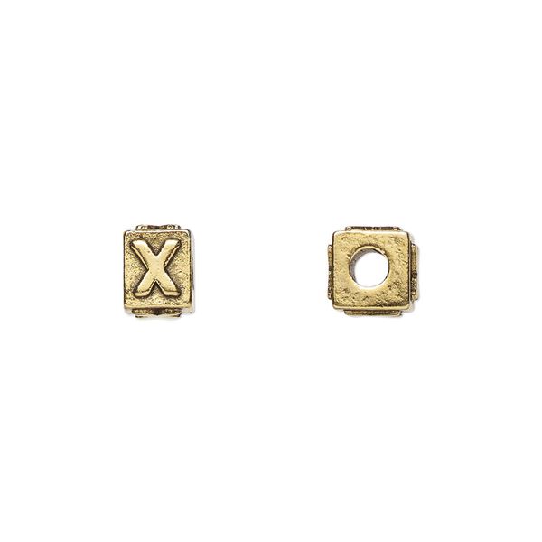 Bead, antique gold-plated pewter (tin-based alloy), 8x6mm rectangle with alphabet letter "X." Sold per pkg of 4. image number 0