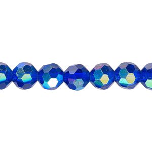 Bead 1pk 32 facets translucent cobalt blue AB, Celestial Crystal® 8mm round 15.5-16 inch