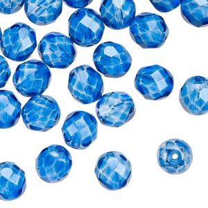 Czech fire-polished glass 1pkg50, faceted round bead translucent dipped décor sapphire blue 8mm