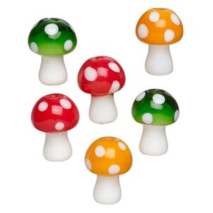 Bead assortment, lampworked glass, opaque white and red / orange / green, 16.5x12mm mushroom. Sold per pkg of 6.