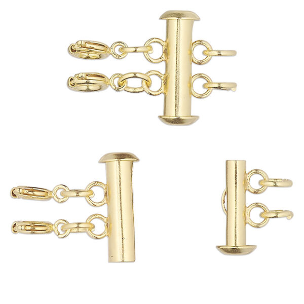 Clasp, 2-strand slide lock, gold-finished brass, 17x6mm round tube with 2 springring clasps and (2) 5mm open jump rings. Sold individually. image number 0