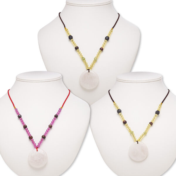 Necklace mix, rose quartz / multi-gemstone (natural / dyed) / acrylic / nylon / glass, multicolored, 39-40mm round, 20- to 24-inch continuous loop. Sold per pkg of 3. image number 0