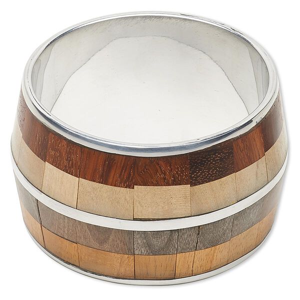 Bracelet, bangle, wood (dyed) and aluminum, brown / dark brown / light brown, 51mm wide with inlaid design, 2-3/4 inch inside diameter. Sold individually. image number 0
