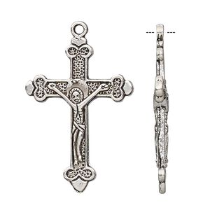Focal, antique silver-plated "pewter" (zinc-based alloy), 35x24mm double-sided crucifix. Sold per pkg of 10.