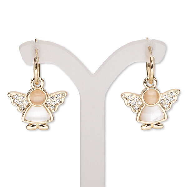 Earring, mother-of-pearl shell (bleached) / glass rhinestone / cat's eye glass / gold-finished "pewter" (zinc-based alloy), white / peach / clear, 27mm with angel and round hoop with latch-back closure. Sold per pair. image number 0