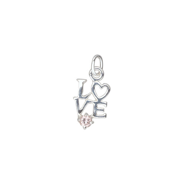 Charm, sterling silver and cubic zirconia, pink, 12x8.5mm single-sided "LOVE." Sold individually. image number 0