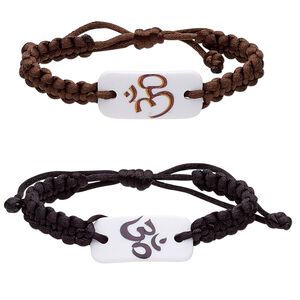 Bracelet, nylon and acrylic, black / brown / white, 17mm wide with 36x17mm curved rectangle and Om symbol, adjustable from 6-1/2 to 8 inches with macramé knot closure. Sold per pkg of 2.