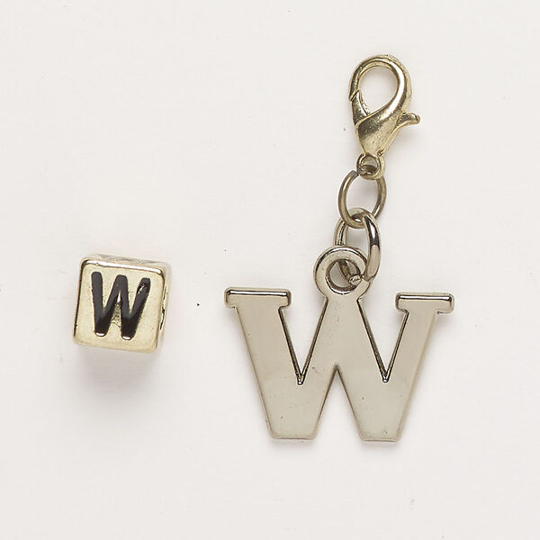 Bead and charm, brass-finished "pewter" (zinc-based alloy) / steel / enamel, black, 7mm cube with alphabet letter "W" and 19x13mm alphabet letter "W" with lobster claw clasp. Sold per pkg of 2. image number 0