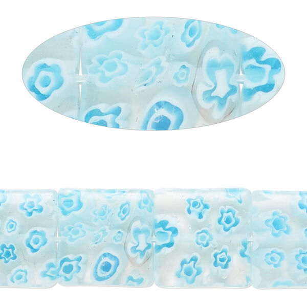 Bead, millefiori glass, translucent clear / blue / white, 13mm-15x14mm puffed square with flower design. Sold per 14-inch strand. image number 0