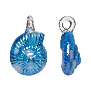 Pendant, lampworked glass, translucent blue luster, 28x18mm double-sided round shell with dots. Sold per pkg of 2.
