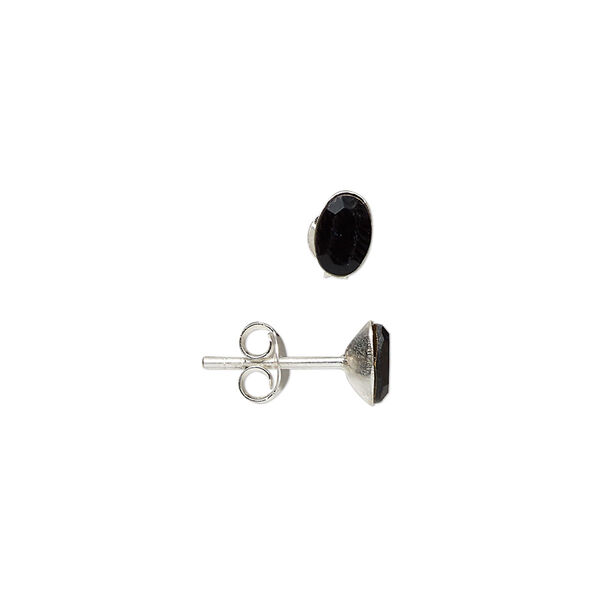 Ear stud, sterling silver and glass, jet, 6x4mm oval. Sold per pair. image number 0