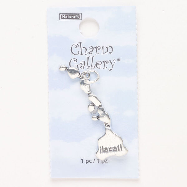 Charm, steel and enamel, pkg/1, silver finish and black, 39x25mm with "Hawaii." image number 0