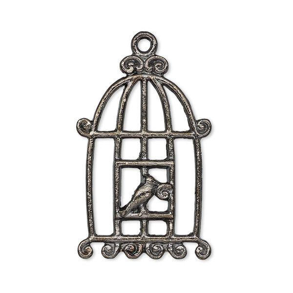 Focal, gunmetal-finished "pewter" (zinc-based alloy), 30.5x20mm single-sided bird in cage. Sold per pkg of 4. image number 0