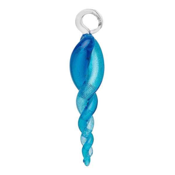 Focal, lampworked glass, light to dark blue with silver-colored foil, 84x20mm twisted teardrop. Sold individually. image number 0