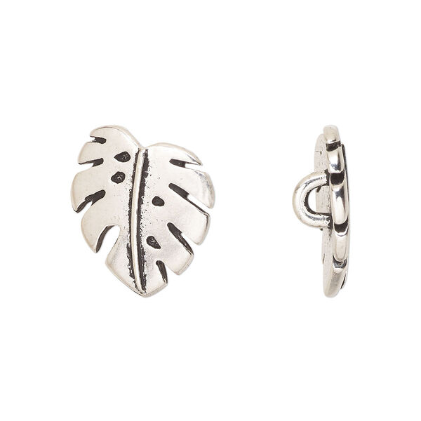 Button, TierraCast®, antique silver-plated pewter (tin-based alloy), 15x13.5mm monstera leaf with closed loop. Sold per pkg of 2. image number 0