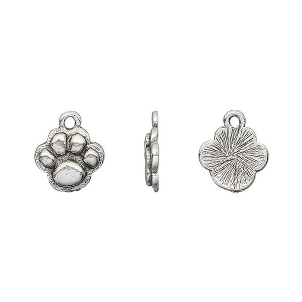 Charm, antique silver-plated pewter (tin-based alloy), 12x10mm single-sided paw print. Sold per pkg of 4. image number 0