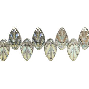 Bead, glass, translucent green AB, 11x6.5mm top-drilled leaf. Sold per 15-1/2" to 16" strand.