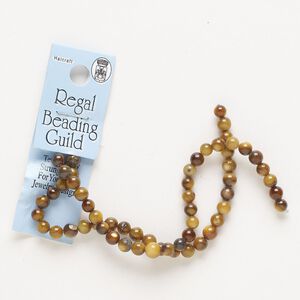 Bead, mother-of-pearl shell (dyed), brown, 5-6mm round, Mohs hardness 3-1/2. Sold per 12-inch strand, approximately 55 beads.