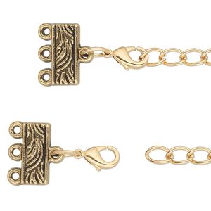 End bar, antique gold-finished "pewter" (zinc-based alloy), 32x13mm with 13x6mm 3-strand rectangle and 3-inch extender chain with lobster claw clasp. Sold per pkg of 6.