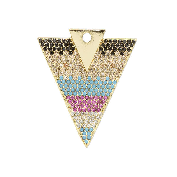 Drop, cubic zirconia and gold-finished brass, multicolored, 29.5x24.5mm single-sided arrowhead. Sold individually. image number 0