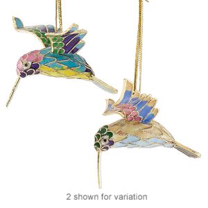 Ornament, cloisonné, enamel and gold-finished brass, multicolored, 2-3/4 x 2-1/2 x 1-1/2 inch hummingbird. Sold individually.