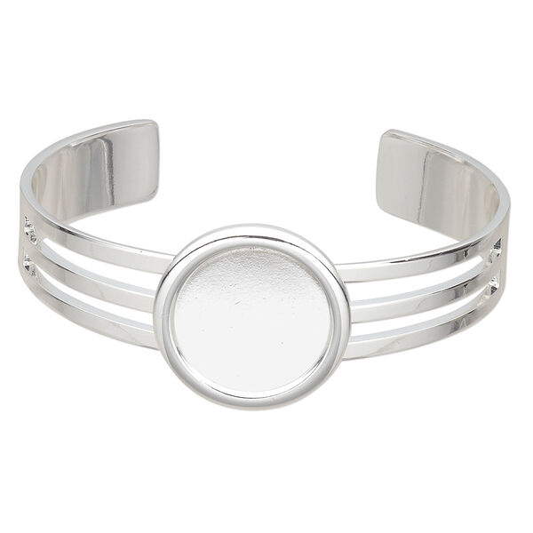 Bracelet, Almost Instant Jewelry®, cuff, silver-plated brass and "pewter" (zinc-based alloy), 64x25mm with 20mm round setting, adjustable. Sold individually. image number 0