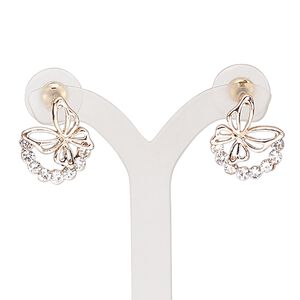 Earring, glass rhinestone / stainless steel / rose gold-finished "pewter" (zinc-based alloy), clear, 17mm with butterfly and post. Sold per pair.