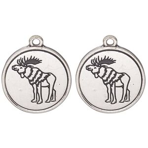 Drop, antique silver-finished "pewter" (zinc alloy) and enamel, black, 21mm round with moose design. Sold per pkg of 2.