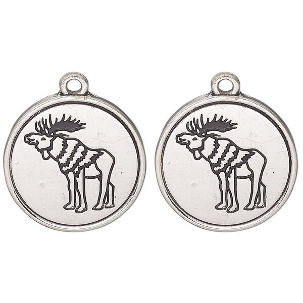 Drop, antique silver-finished "pewter" (zinc alloy) and enamel, black, 21mm round with moose design. Sold per pkg of 2. image number 0