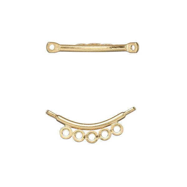 Link, gold-plated brass, 16x3mm curved flat end bar with 5 loops. Sold per pkg of 100. image number 0