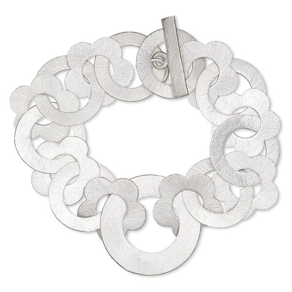 Bracelet, silver-plated copper, 21mm interlocking brushed flower with round cutout and 22mm brushed open round, 7 inches with toggle clasp. Sold individually. image number 0