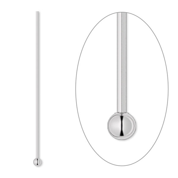 Head pin, sterling silver, 1-1/2 inches with 2mm ball, 21 gauge. Sold per pkg of 10. image number 0